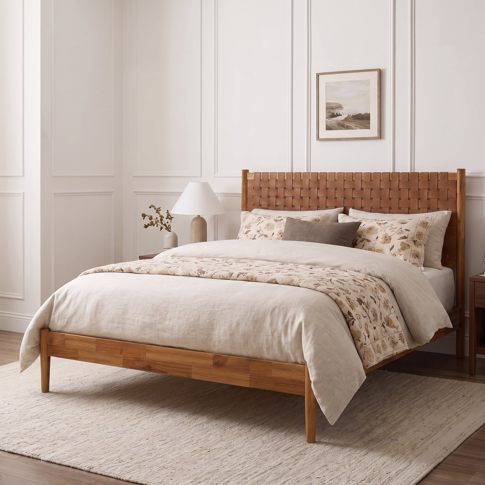 Euroco Solid Acacia Wood Queen Size Platform Bed, Mid-Century Modern Style Bed with Hand-Woven Vegan Leather Headboard, No Box Spring Needed, Caremel
