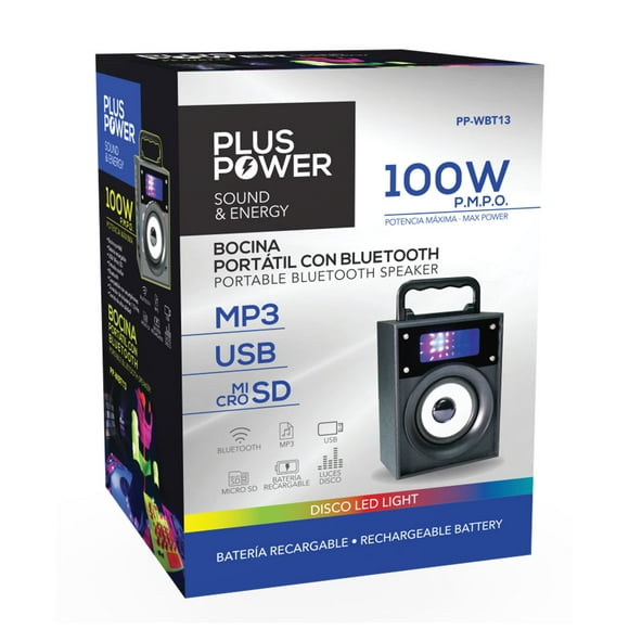 BOCINA PORTATIL CON BLUETOOTH, MICRO SD, USB, AUXILIAR BATERIA RECARGABLE 100W NEGRO Plus Power PP-WBT13