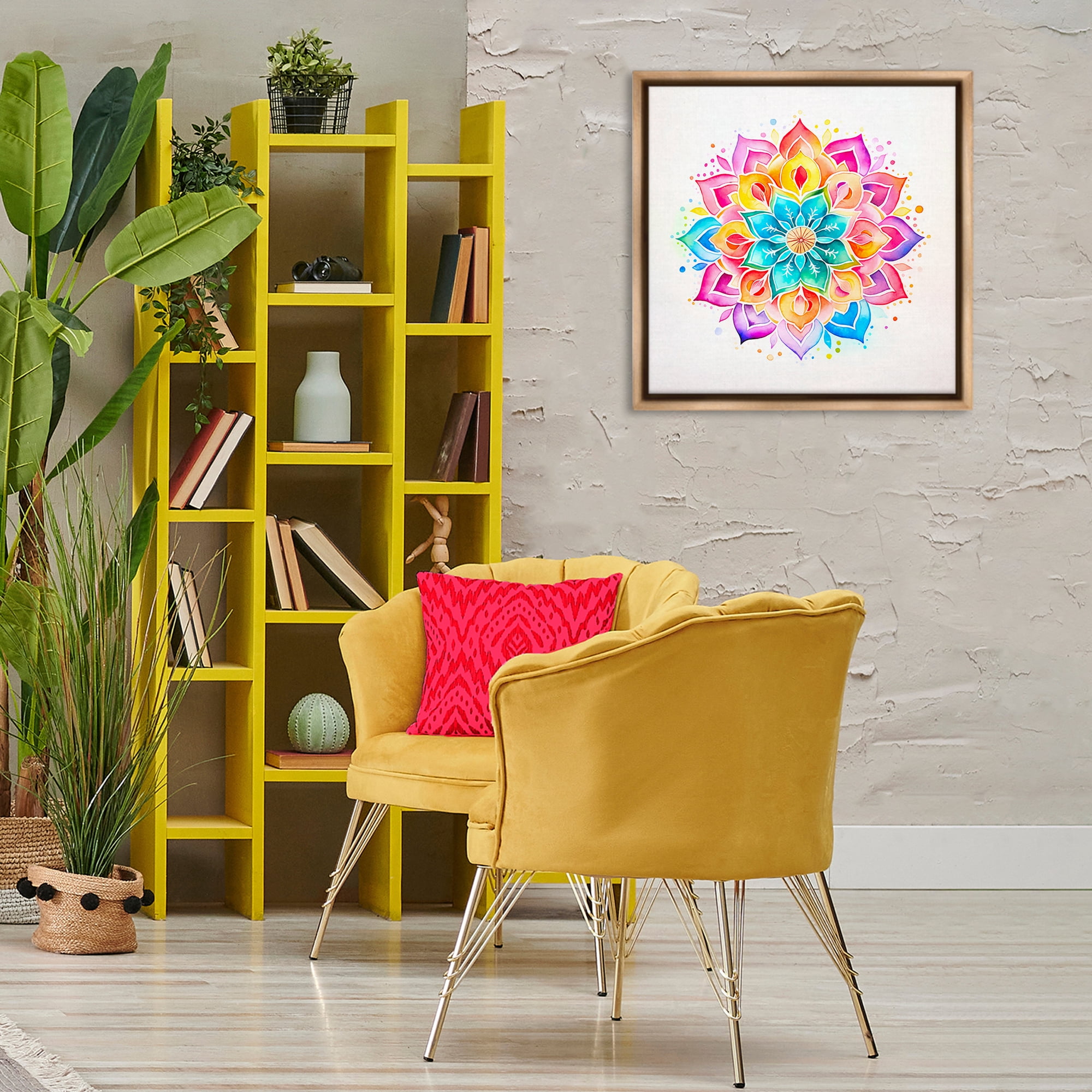 Stupell Industries Bright Rainbow Mandala Abstract Painting Brown Floater Framed Canvas Art Print Wall Art, 25 x 25