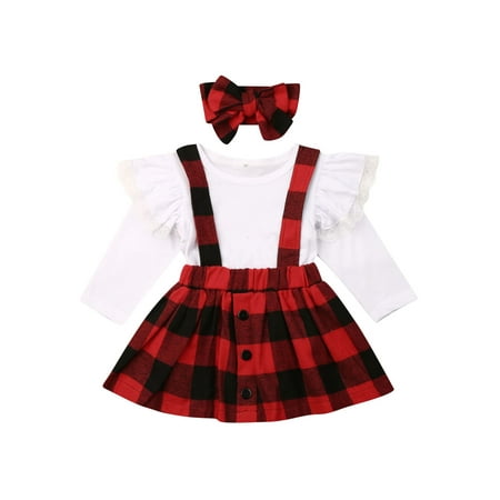 

Toddler Girl Christmas Clothes Long Sleeve Top Plaid Skirt Christmas Outfit