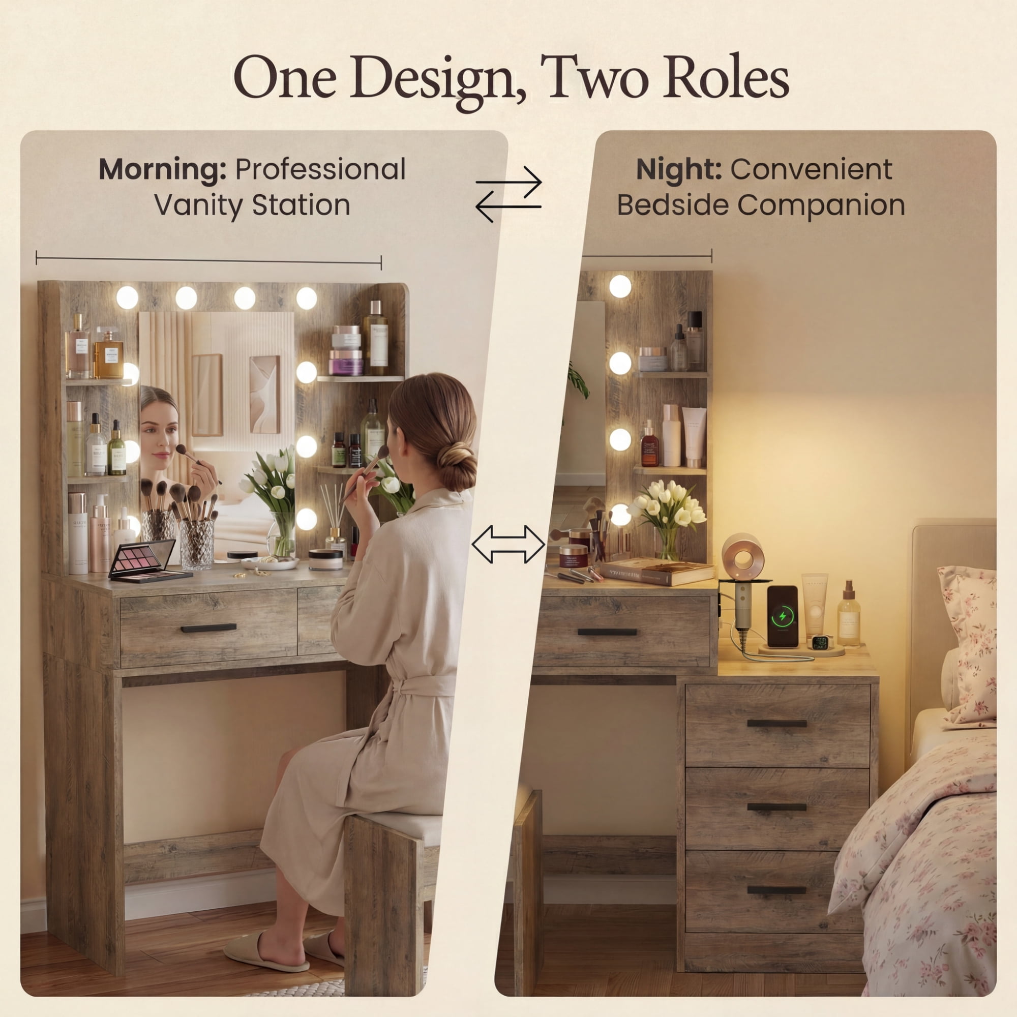Homall Makeup Vanity Desk with LED Lights, Mirror & Power Outlet, Dressing Table with 4 Shelves and 5 Drawers, Vanity Set & Nightstand for Bedroom, Gray