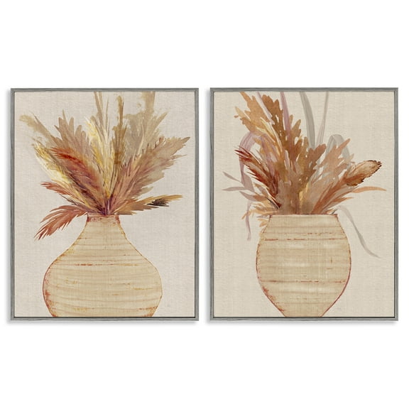 Stupell Industries Potted Feather Pampas Plants & Flowers Painting Gray Framed Art Print Wall Art, 11 x 14, Set of 2