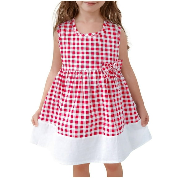 TEAJOPSUU Infant Toddler Girls Cute Bow Plaid Dresses Kids Summer Sleeveless Round Neck Mesh Hem A-Line Casual Everyday Dress for 1-5 Years A-Red