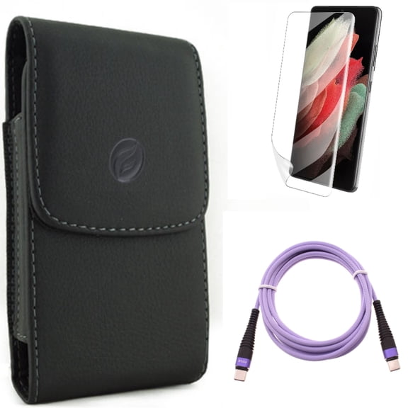 Purple 10ft PD Cable w Matte Screen Protector w Case Belt Clip for Samsung Galaxy S21 Plus - Type-C to USB-C Fast Charger Cord, TPU Film Anti-Glare, Leather Holster Accessory Bundle