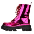 thumbnail image 2 of Cape Robbin Women Ankle Combat Boots Lug Platform Sole Booties Lace Up Round Toe Rhinestone Bling NUNANI Hot Pink Metallic Fuchsia Patent 5, 2 of 5