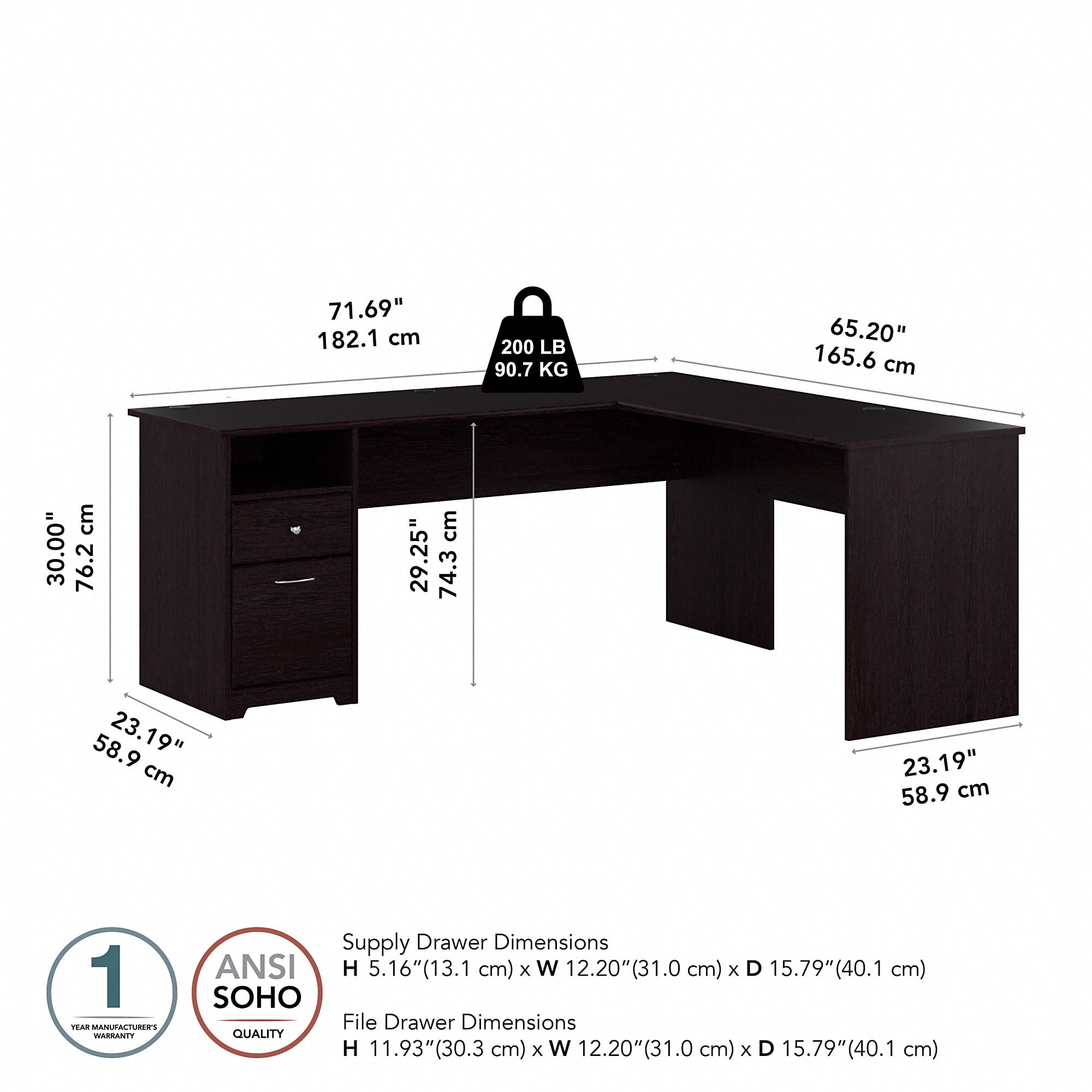 Bush Furniture Cabot 72" L Shaped Desk with Storage, Espresso Oak