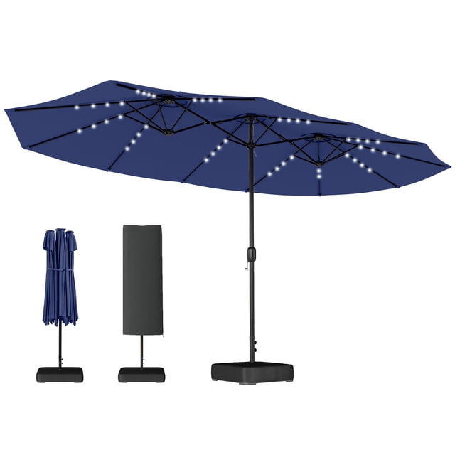 Outsunny Parasol de Patio Double Face de 15 Pi, Parasol d'Extérieur avec Base, Bleu Foncé