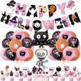 thumbnail image 1 of Pink Halloween theme party decoration skull balloon pumpkin banner pull flag cake card set, 1 of 5