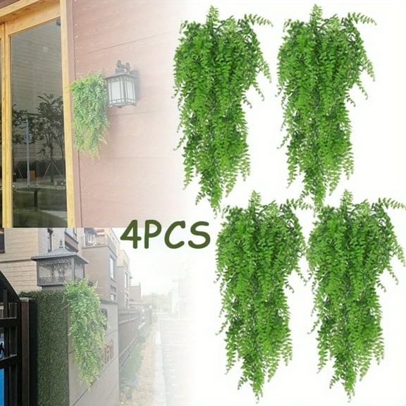 4Pcs Fake Hanging Plants Artificial Ferns for Outdoors，Fake Ferns UV Resistant Plastic Fake Plants for Indoor Wall Porch Wedding Party Holiday Decor