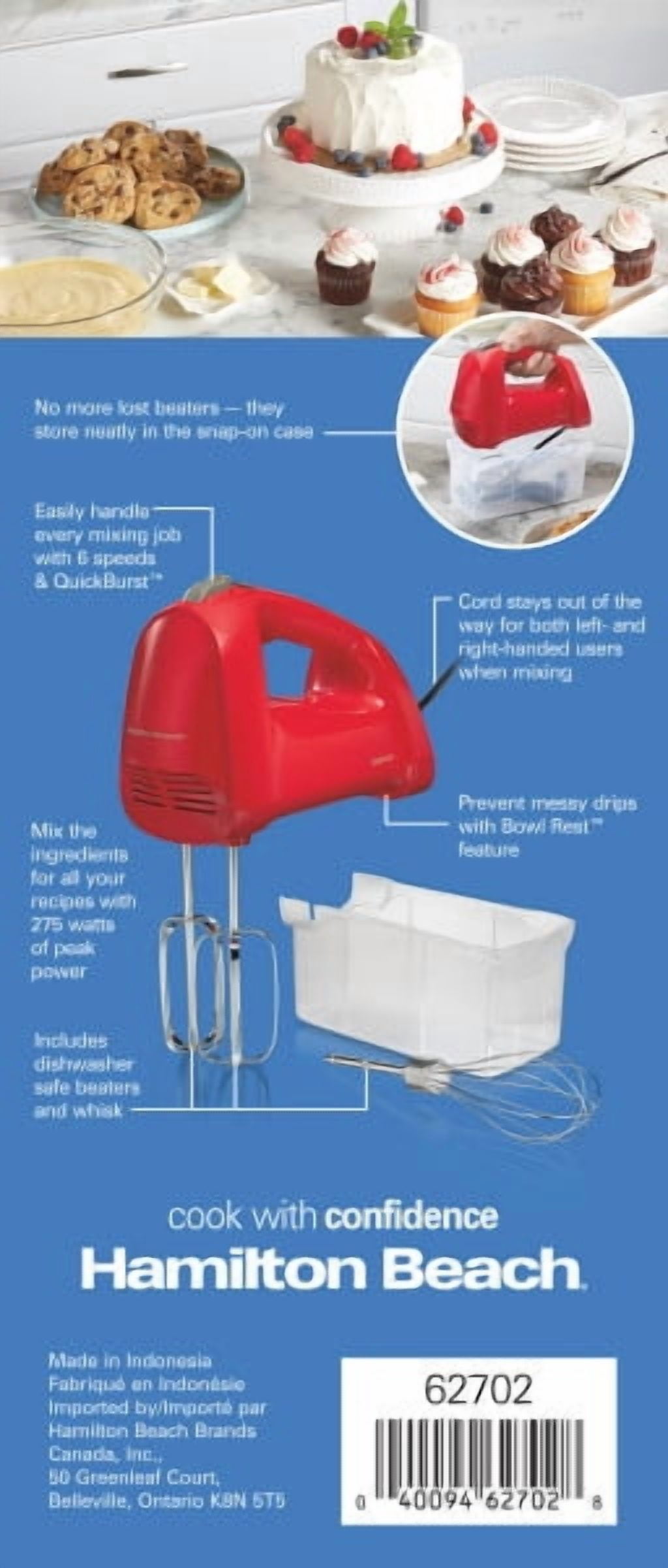 Hamilton Beach 6 Speed Hand Mixer with QuickBurst, Includes Snap-On Storage Case and 3 Attachments, Red