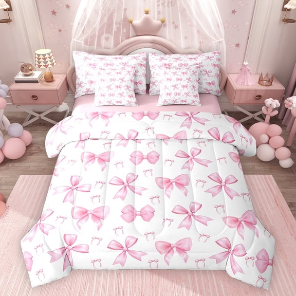 Feelyou Cartoon Pink Bowknot Twin Bedding Sets 7-Piece, Boys Girls Bedding Comforter Set