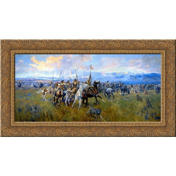 Lewis and Clark Meeting Indians at Ross' Hole 24x14 Gold Ornate Wood Framed Canvas Art by Charles M. Russell
