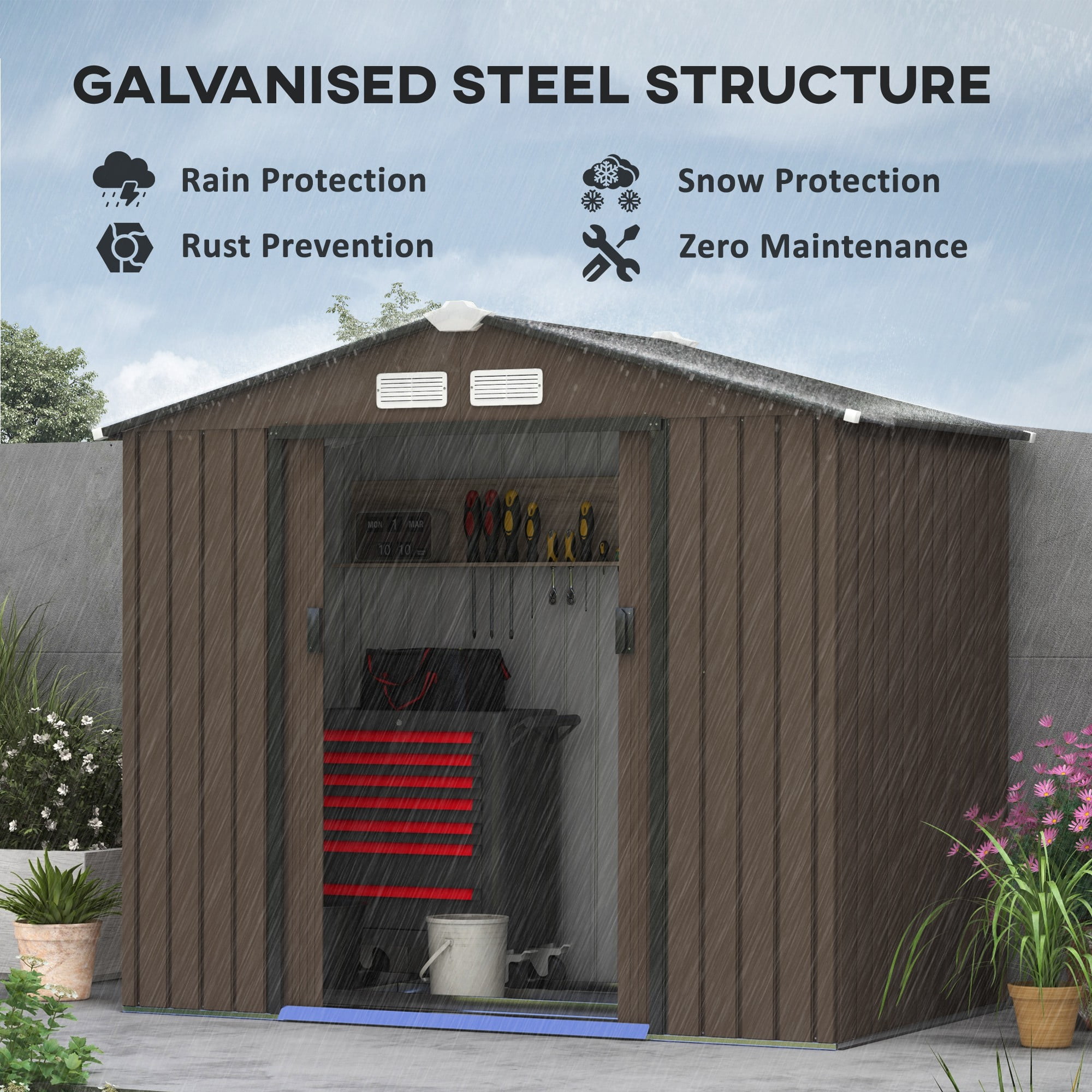 Outsunny 7' x 4' Metal Storage Shed Organizer, Garden Tool House with 4 Vents and 2 Sliding Doors for Backyard, Patio, Garage, Lawn, Brown