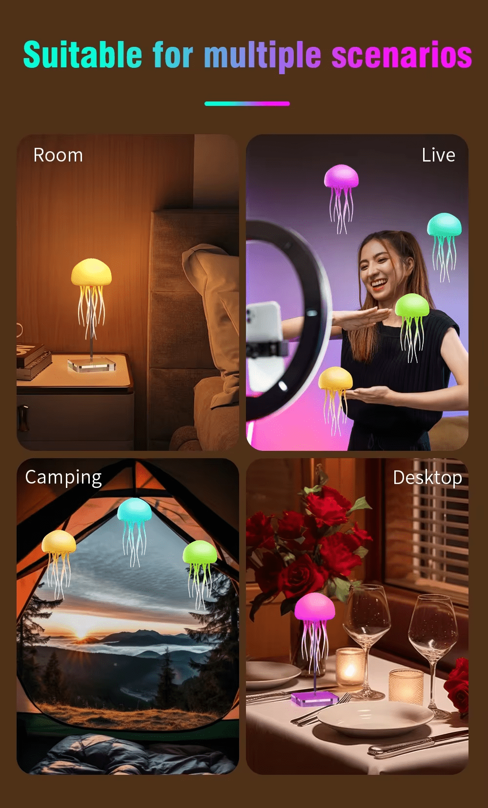 The jellyfish Atmosphere Light Voice Control Night Lights Lamp With Warm Light Full Color RGB LED Two modes Auto Rotate Tentacles Gradient Bedside Lamp Type-C