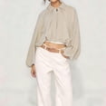 thumbnail image 4 of Sewkxo Womens Cropped Puff Sleeve Bomber Jacket Lapel Collar Pleated Full Zip Coat Spring Loose Fit Trendy Outerwear,Khaki XS, 4 of 8