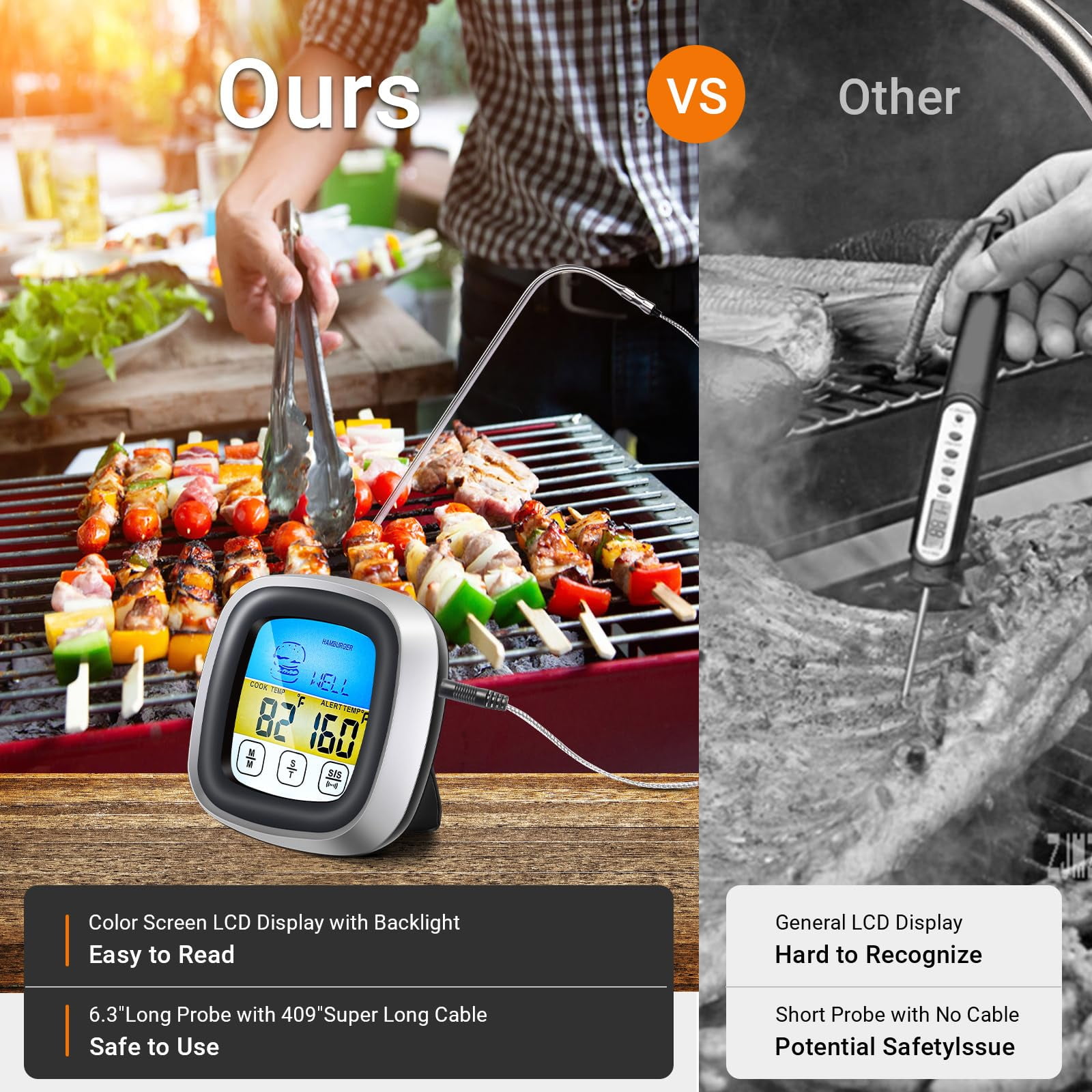 Digital Touchscreen Food Thermometer for Meat Poultry Fish Cooking in Frying Pan Smoker Oven BBQ Grill with Sensitive Color LCD Display Best Taste Results (Upgraded black version)
