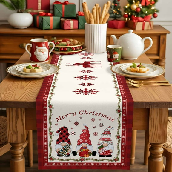 Christmas Gnome Snowflake on Vintage Table Runner Dresser Scarf,Kitchen Dining Table Decoration Red Black Plaid Linen Table Runners for Home Wedding Indoor Outdoor Party,13x70in