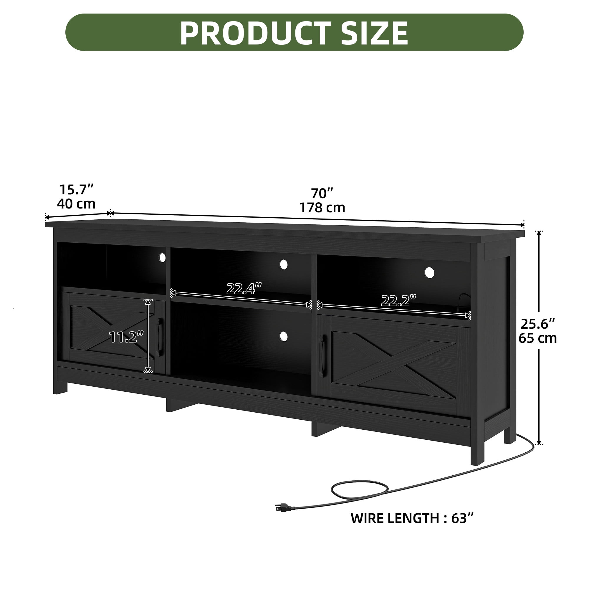 Uforic TV Cabinet with Storage, LED Lights, and Power Outlet for Living Room, Bedroom, or Apartment for 65 Inch TVs, Black