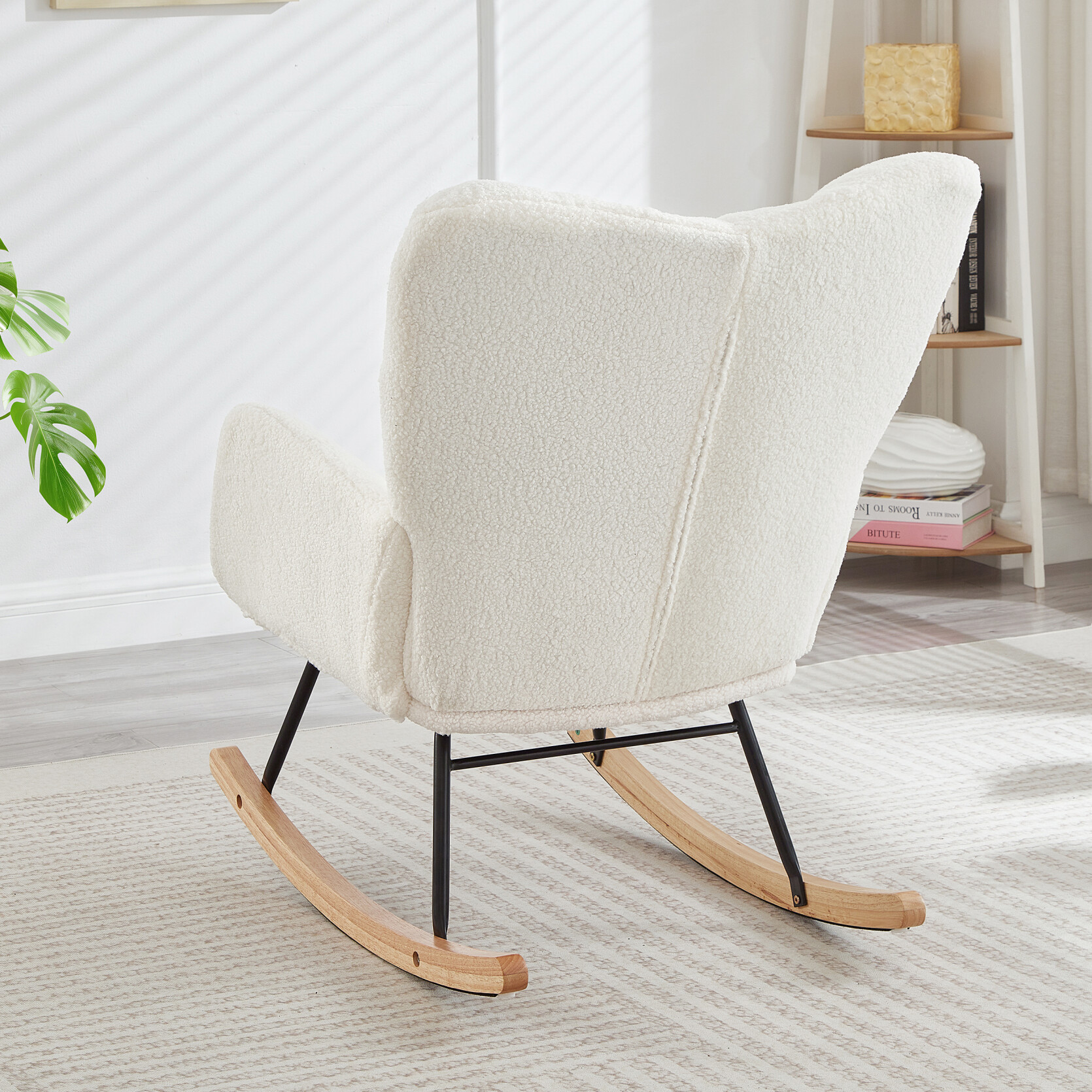Nursery Rocking Chair, Teddy Upholstered Glider Rocker, Rocking Accent Chair with High Backrest, Comfy Armchair for Living Room Bedroom Offices, White