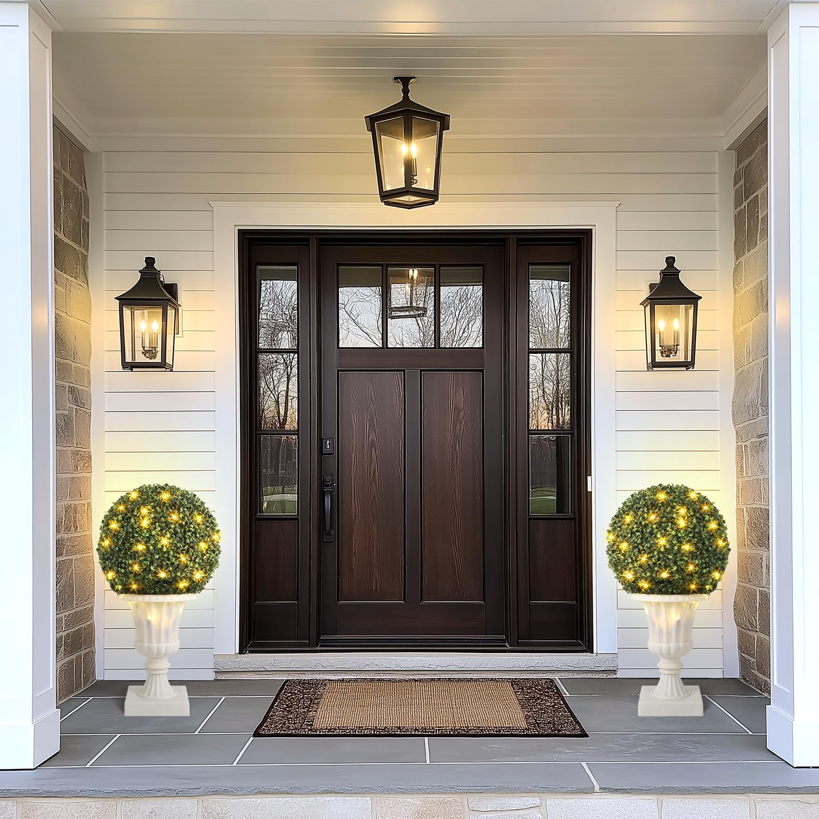 Towallmark 2 Pack 16 Inches Pre-Lit Artificial Boxwood Ball with Sturdy Pot Base, UV Resistant, Battery Operated Fake Plants for Porch & Garden Decor, White