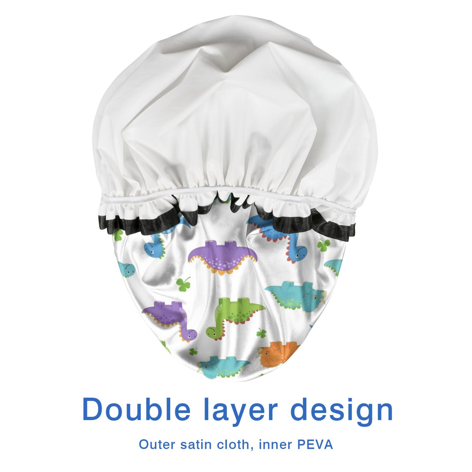 Shower Caps,White Colorful Dinosaurs Clovers Pattern Waterproof Shower Cap for Women 4 Pieces,Double Reusable Hair Cover for Shower PEVA Elastic Stretch Hem
