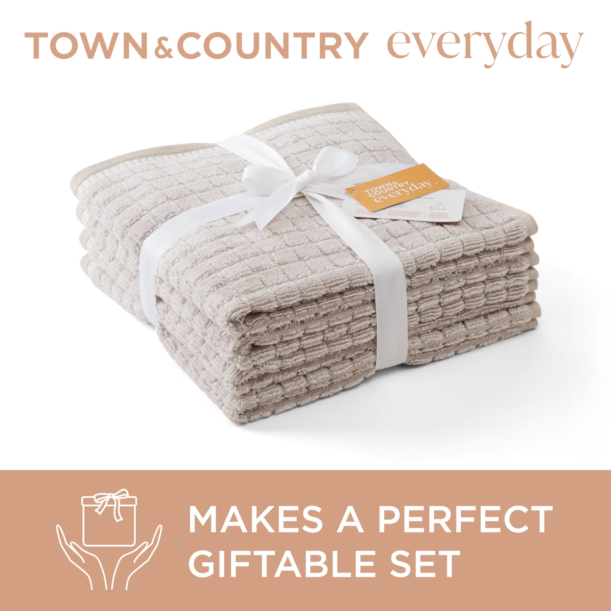 TOWN & COUNTRY EVERYDAY 4-Piece Textured Windowpane Washcloth Set, 13"x13", 100% Cotton, Plush & Absorbent 550GSM, Beige