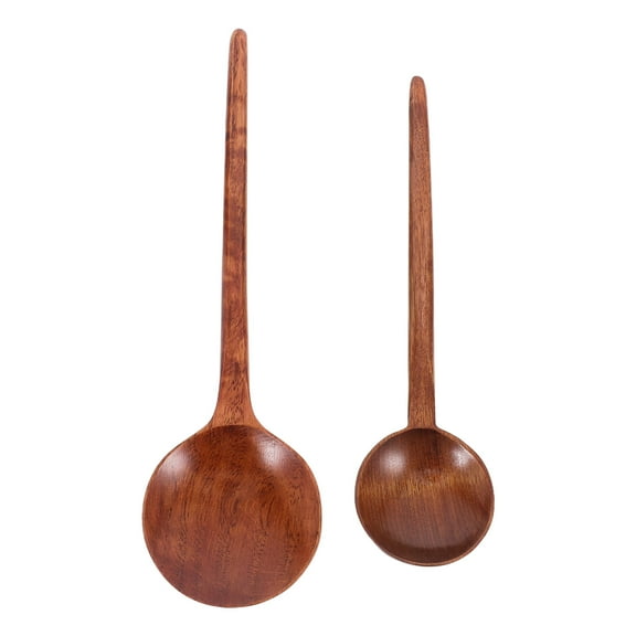 PAMINGONO Set of 2 Handle Wooden Spoons Brown for Serving Rice, Soups, and Cooking Kitchen Utensils