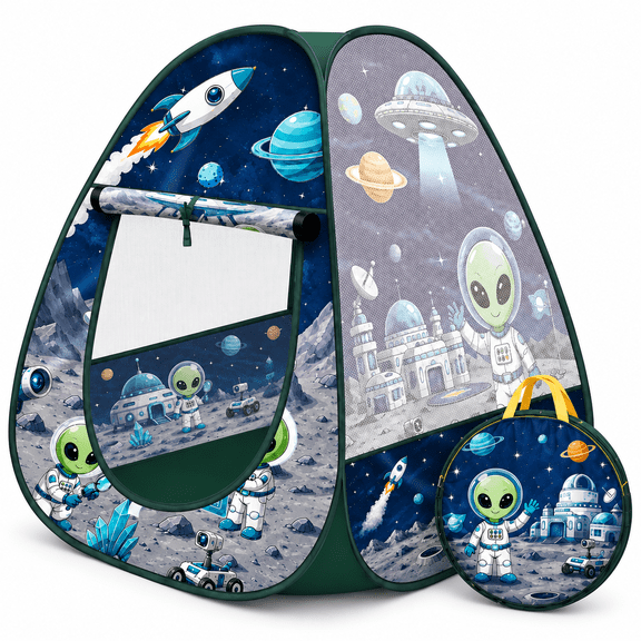Kids Pop Up Play Tent, Space Adventure Playhouse with Breathable Mesh & Roll-Up Door, Indoor Outdoor Pretend Play Tent for Bedroom, Playroom & Backyard