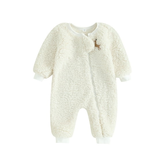 Liacowi Baby Girls Boys Christmas Jumpsuit Long Sleeve Crew Neck Embroidery Deer Zipped Romper Infant Winter Fleece Jumpsuit 0-18M