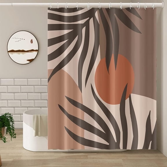 Boho Abstract Palm Leaf Shower Curtain with Sun Design Fabric Bathroom Decor 71x71 inches
