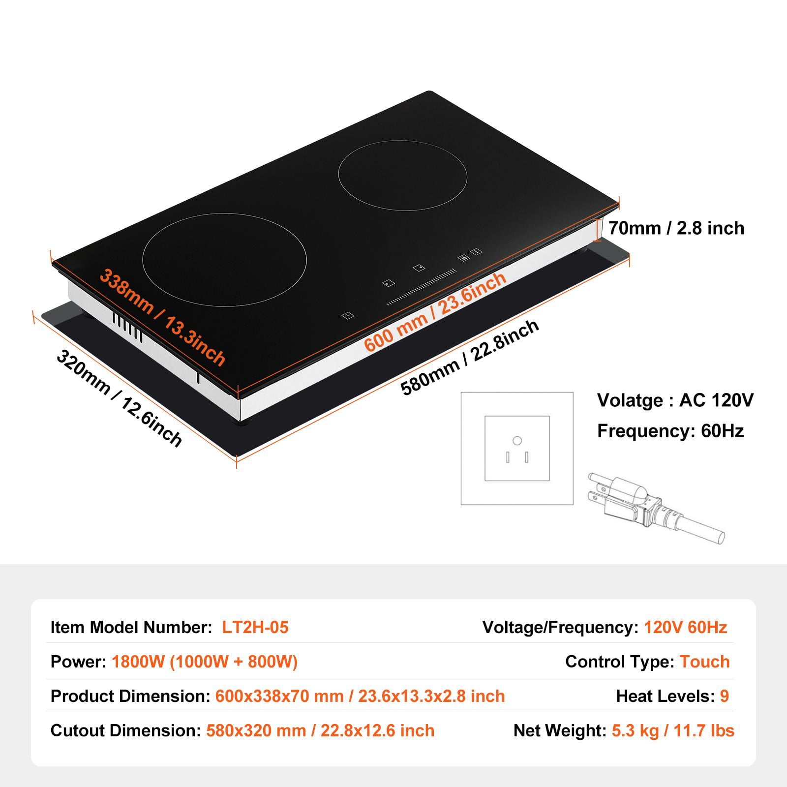 24 inch Electric Cooktop Built-in Stove Burner, 1800W Ceramic Top Radiant Cooktop with Glass Panel, 120V, Power 1800 W, for restaurant cafe food truck catering and home kitchen use