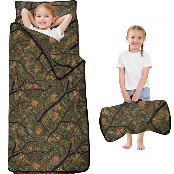 Camo and Branch Green Pattern Teens Toddler Nap Mat with Pillow, Sleeping Mat Bag for Preschool Daycare 59"x22"