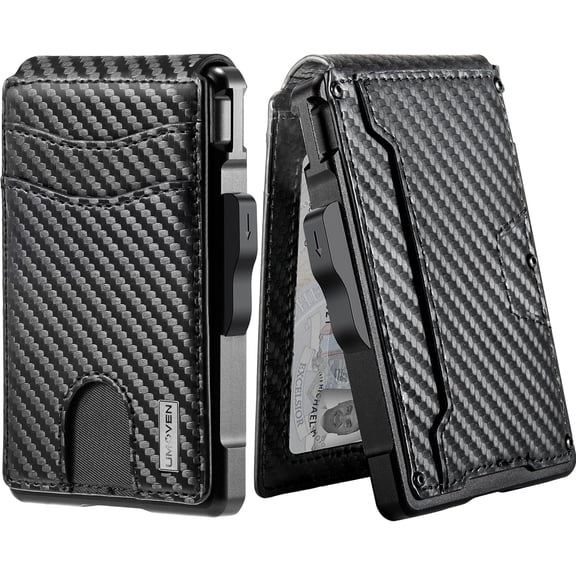 Men's Carbon Fiber Ultra-Thin Wallet - A minimalist two-layer wallet design with anti-RFID function, featuring a bill clip and card pop-out mechanism | Can hold multiple cards and cash |