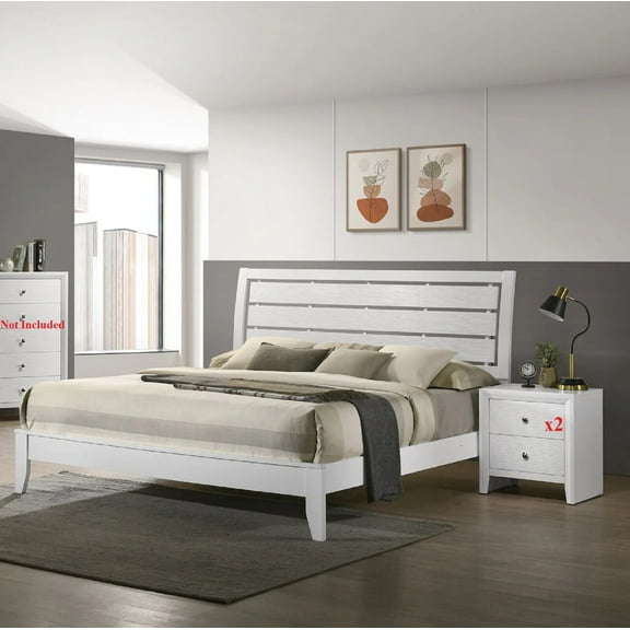 3pc Beautiful White Finish King Size Panel Bed 2x Nightstands Set Wooden Bedroom Furniture