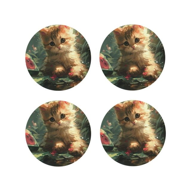Easygdp Cute Kitten Water Lilies or Leather Coasters Set of 4 Coaster, Non-Slip, Heat Resistant for Home, Office, Kitchen (Round,Square,Octagon,Hexagon)-Round Shape