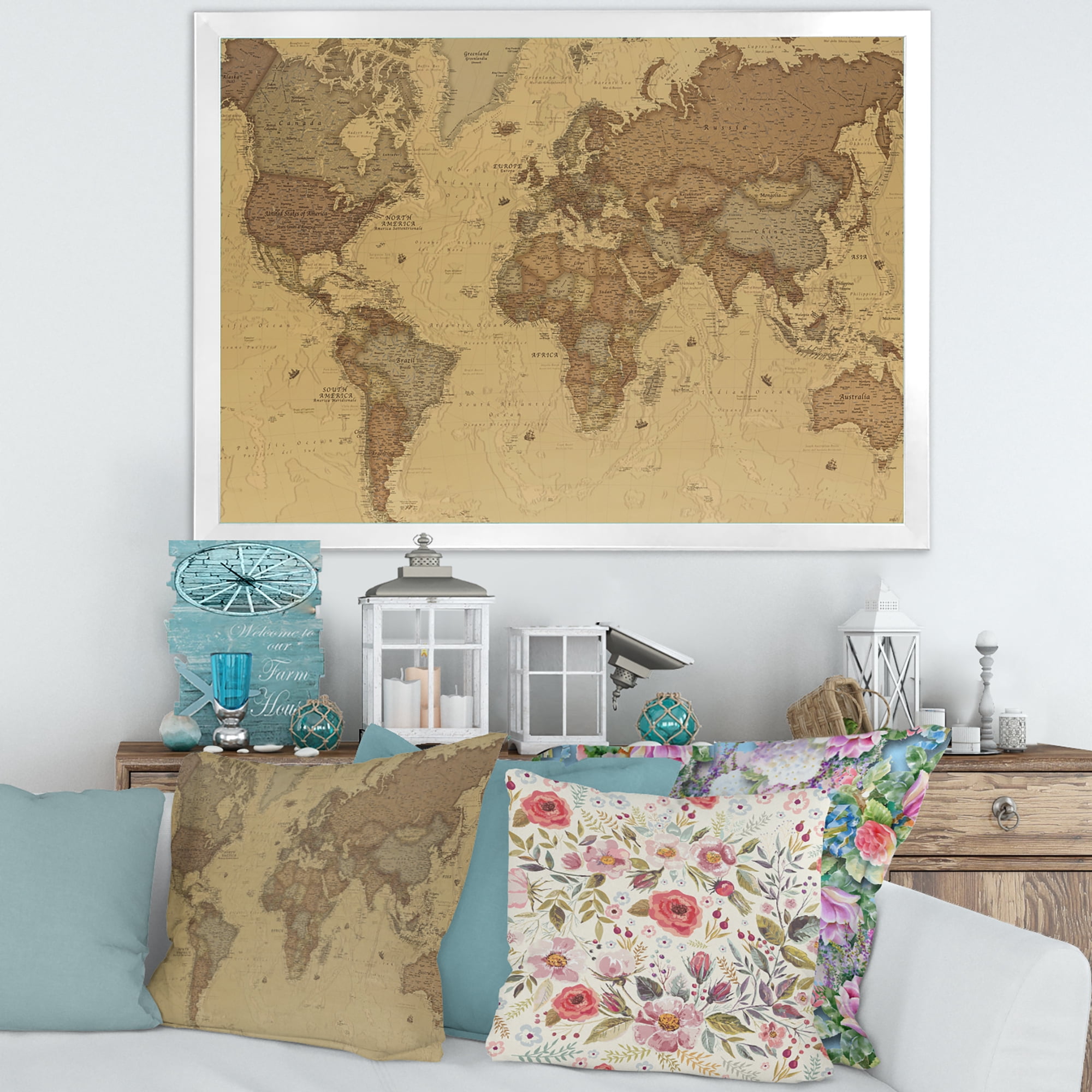 Designart 'Ancient World Map III' Vintage Framed Art Print