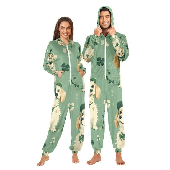 Cute Dogs Wear Hats Adult Onesie Pajamas Slim Fit Christmas One Piece Suit Pjs for Women and Men Hooded Zipper