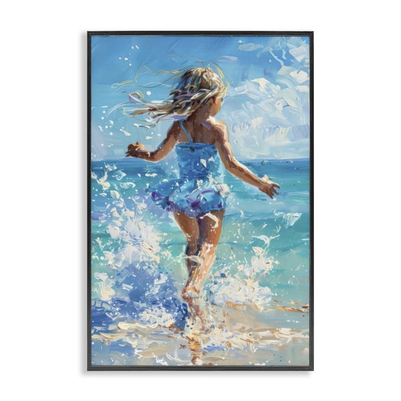 Stupell Industries Girl Splashing on Shore People Painting Black Framed Art Print Wall Art, 12 x 18