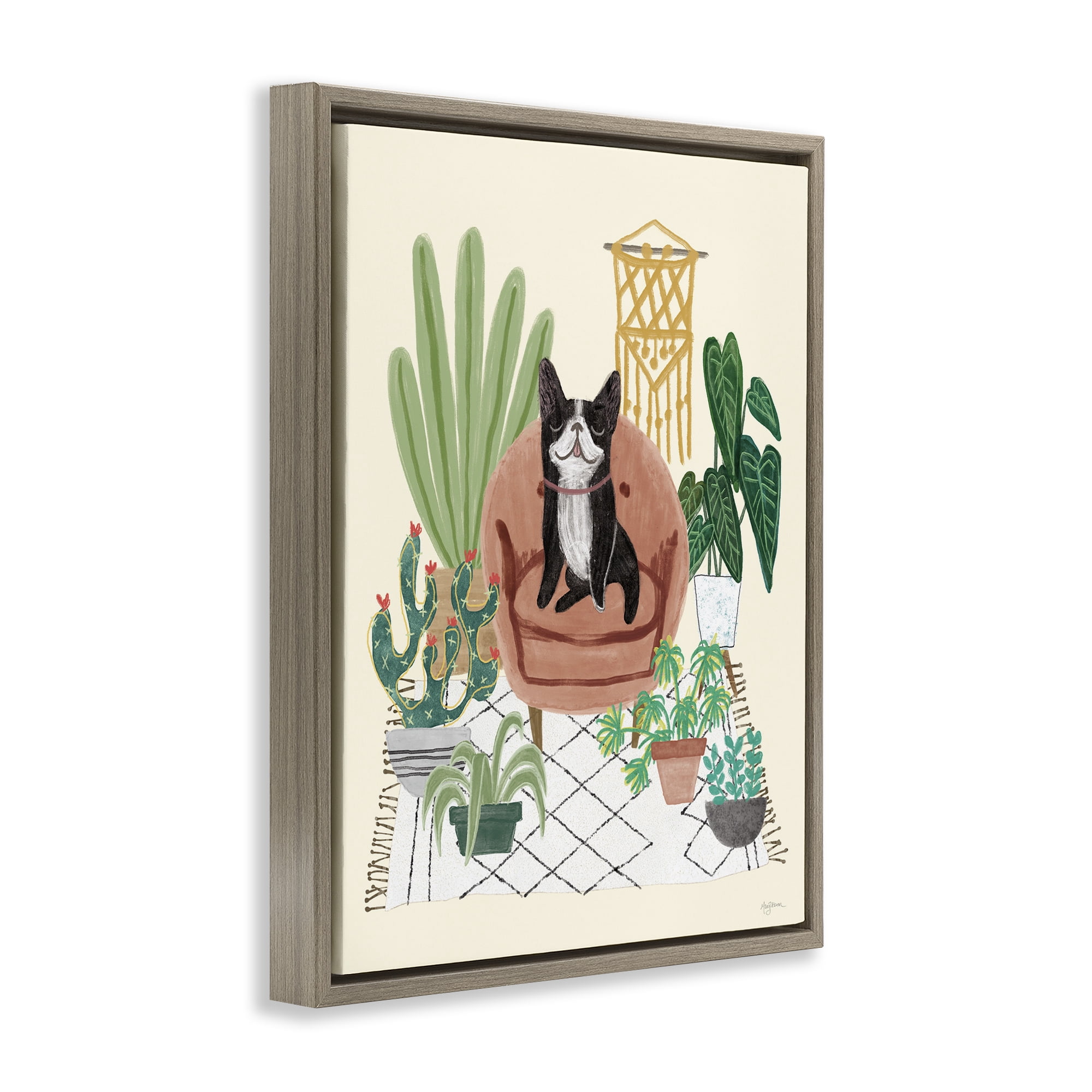 Stupell Industries French Bulldog & Plants Animals & Insects Painting Brown Floater Framed Canvas Art Print Wall Art, 17 x 21