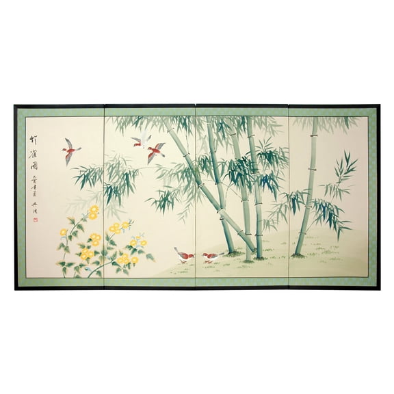 Oriental Home Bamboo and Five Birds' Silk Painted Privacy Screen (China)