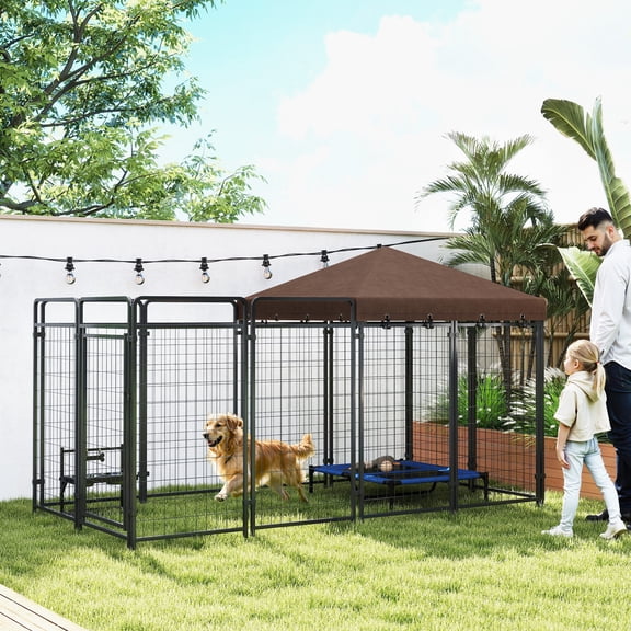 PawHut Dog Kennel Outdoor with Waterproof Canopy, Galvanized Chain Link, for Backyard and Patio, Large and Medium Sized Dog, 9.3' x 4.6' x 5.2'