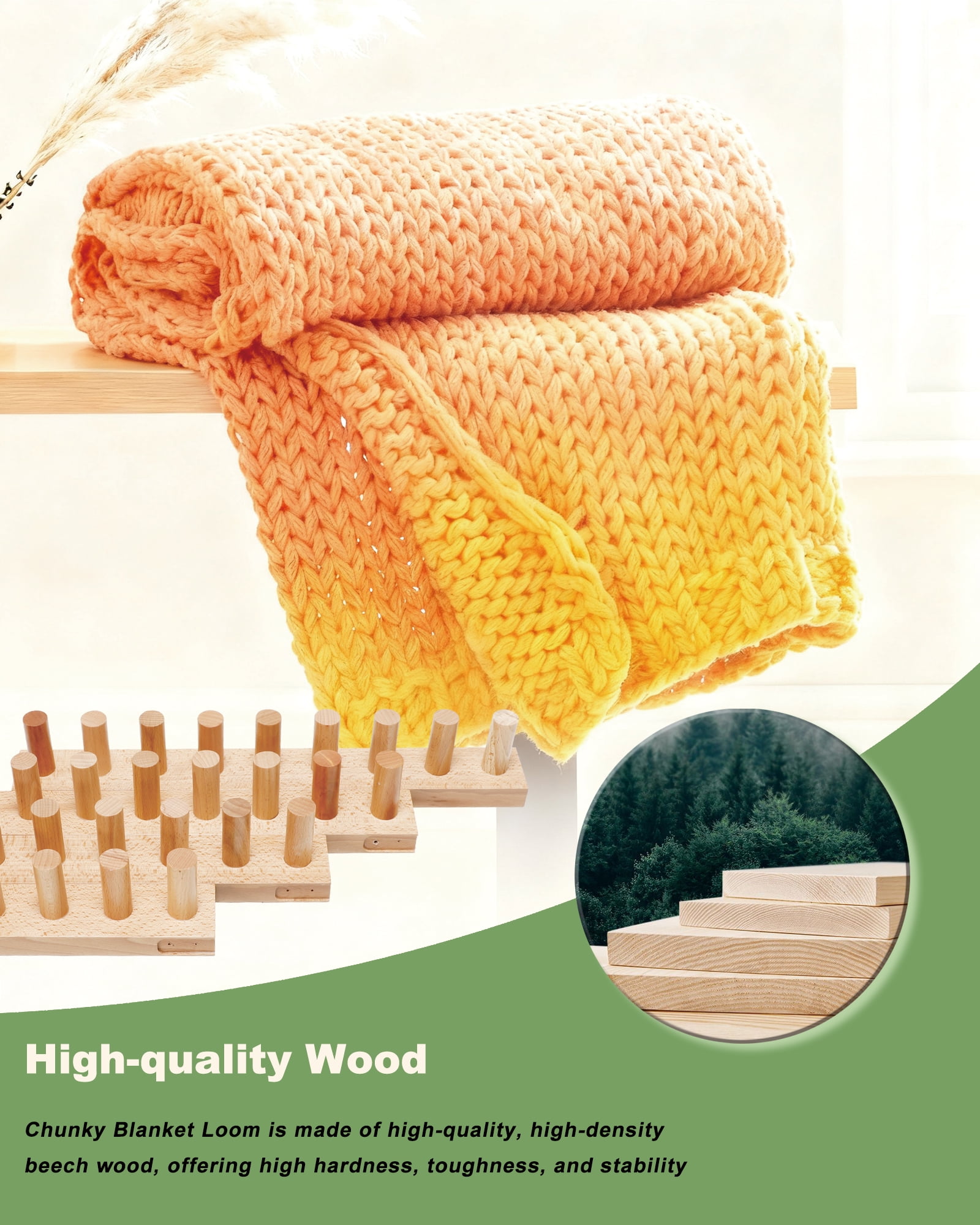 64" Chunky Knit Yarn Blanket Loom Kit, Connectable and Disassemblable 4-in-1 Chunky Yarn Knitting Loom, Chunky Blanket Wooden Loom for Beginners