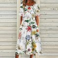 thumbnail image 1 of Robes d'Été Décontractées Boho Plissées Longueur Genou Évasées Ligne A Midi Fête Plage Robe à Imprimé Floral Manches Courtes Robes Soleil pour Femmes Grande Taille Col Rond Robes Vacances, 1 of 5