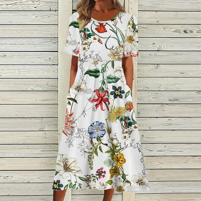 Robes d'Été Décontractées Boho Plissées Longueur Genou Évasées Ligne A Midi Fête Plage Robe à Imprimé Floral Manches Courtes Robes Soleil pour Femmes Grande Taille Col Rond Robes Vacances
