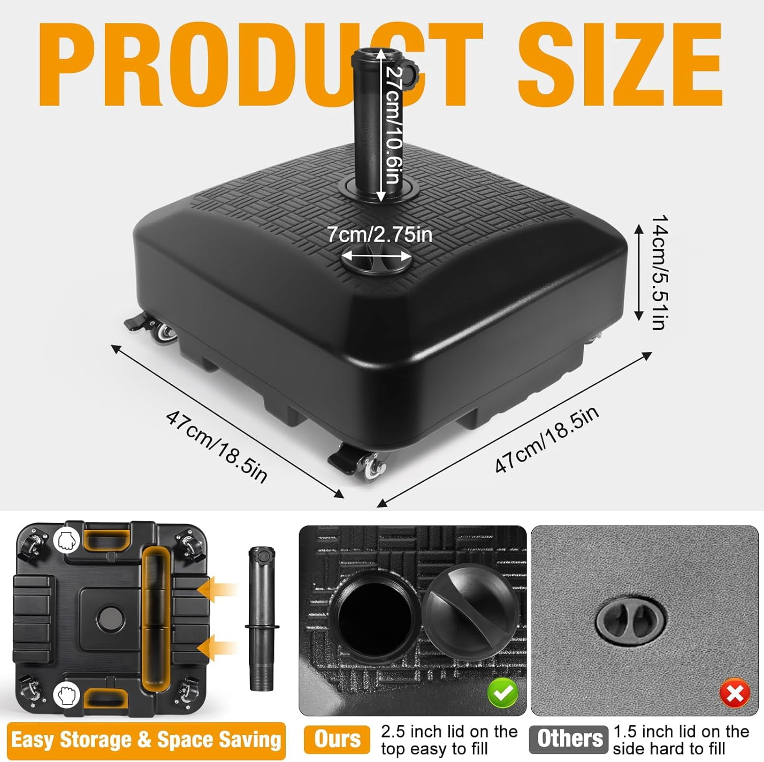 Umbrella Base Outdoor Patio Umbrella Stand with Wheels Fillable Heavy Duty Mobile Weighted Rolling Stand - Black