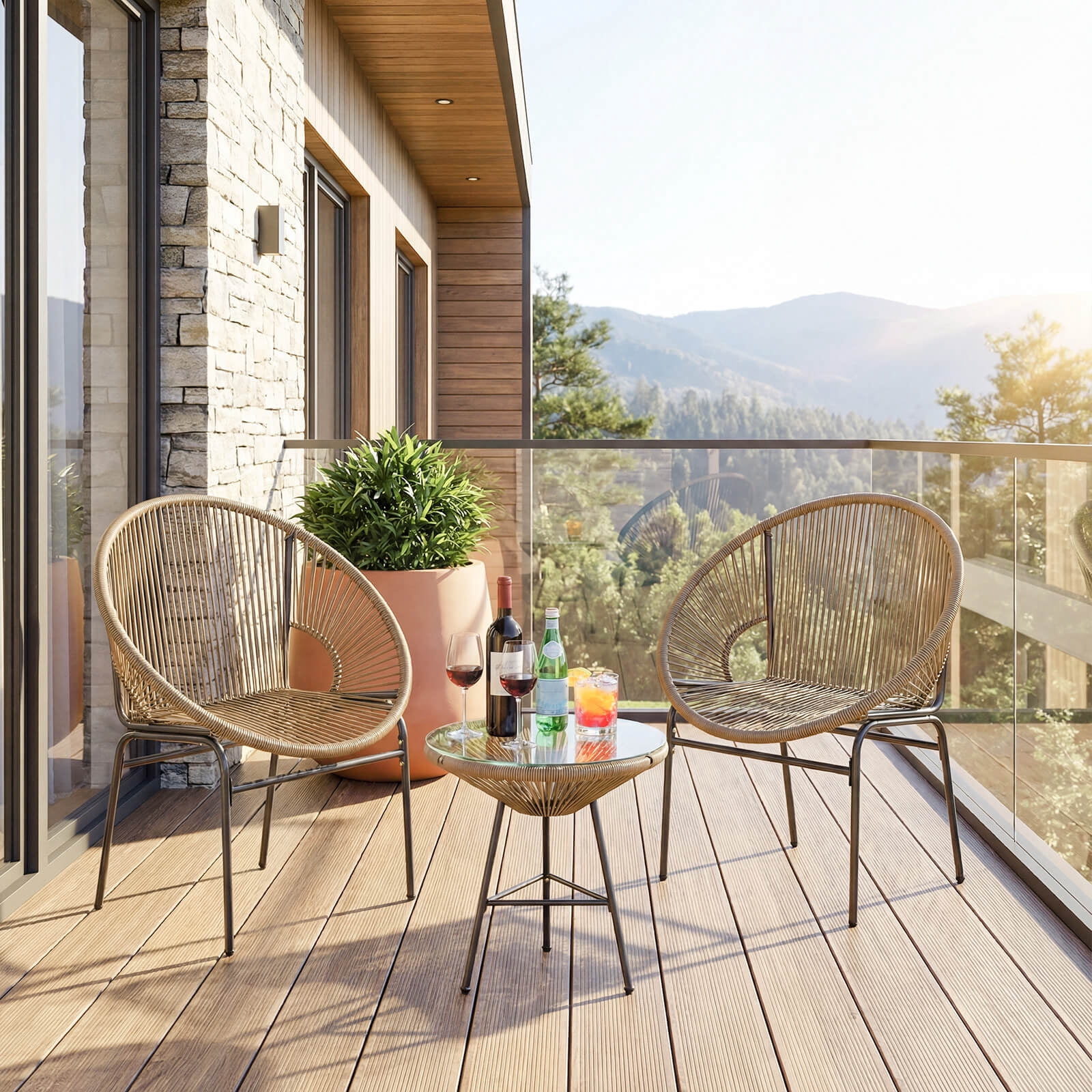 Costway 3-Piece Wicker Patio Bistro Set,Outdoor Acapulco Chairs and Tempered Glass Table Beige + Black