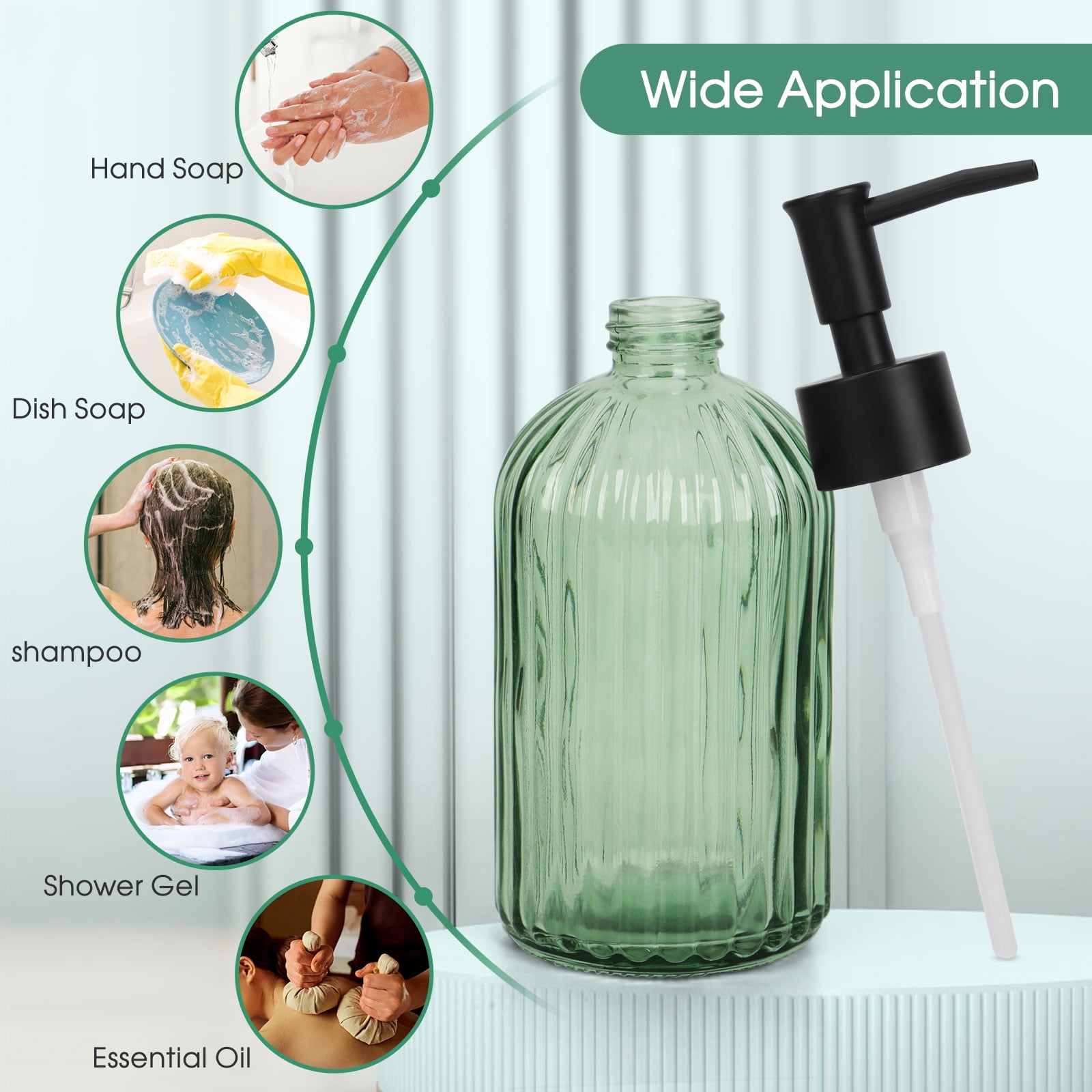 Vintage Ribbed Green Glass Dispenser, 13oz Large Capacity, Multi-Purpose Emulsion/S soap Dispenser (Suitable for Essential Oil Lotion, Shower Gel, Hand Soap, etc.)