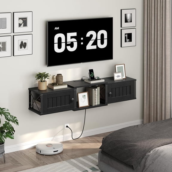 Farmhouse Floating TV Stand with Power Outlet, Wall Mounted Entertainment Center with Doors, Floating Media Console Cabinet with Storage, for Living Room, Bedroom, Black TVBK401E01