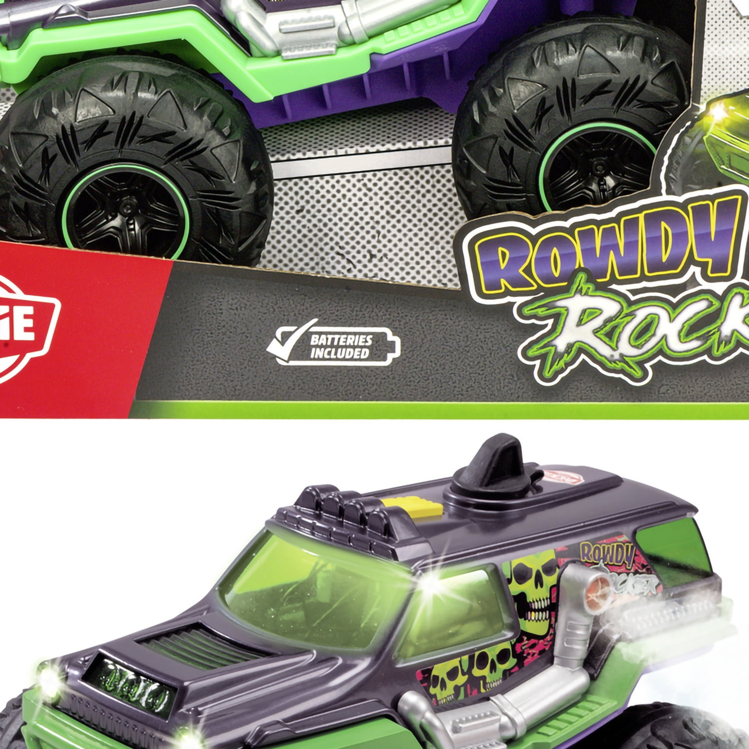 Dickie Toys: Rowdy Rocker Monster Truck – Green & Purple - 9.8" Light & Sound Freewheel Toy Vehicle, Smoking Effect, Suspension, Rubber Tires, Kids 3+
