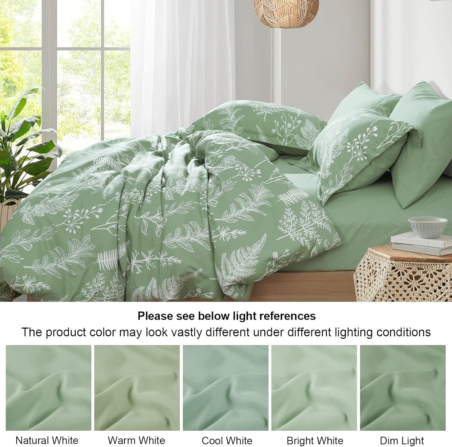 PHF 5 Pieces Printed Twin Comforter Set, Lightweight Reversible Botanical Bedding Set Include Comforter, Pillow Sham, Flat Sheet, Fitted Sheet and Pillowcase, Sage Green